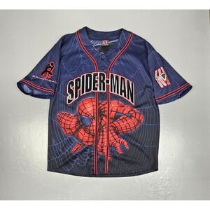 Vintage 2002 Spider-Man Marvel Baseball Jersey Mens Large Black AOP Button-Up